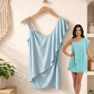 BETSY & ADAM soft Aqua silver embellished strap layered sheath cocktail dress LG